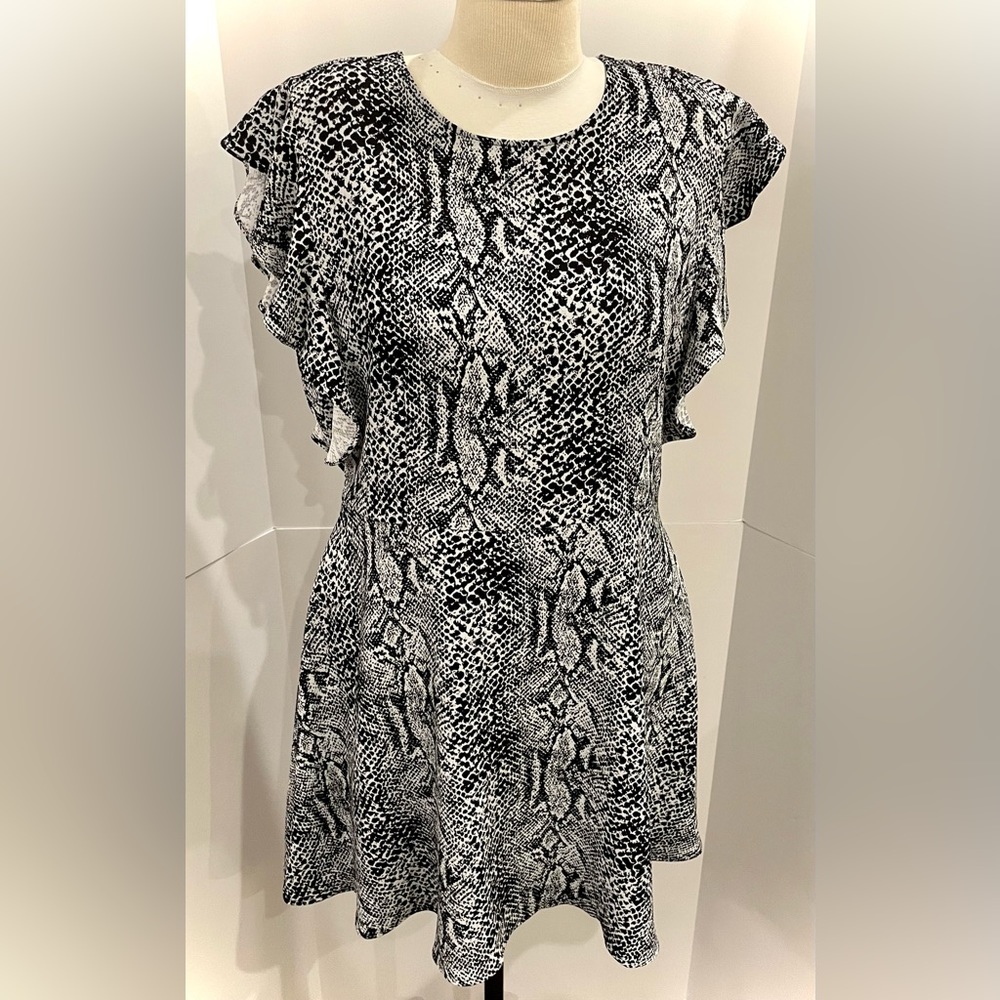 Who What Wear Fit & Flare Ruffle Detail Snake Print Dress, Black White, Large